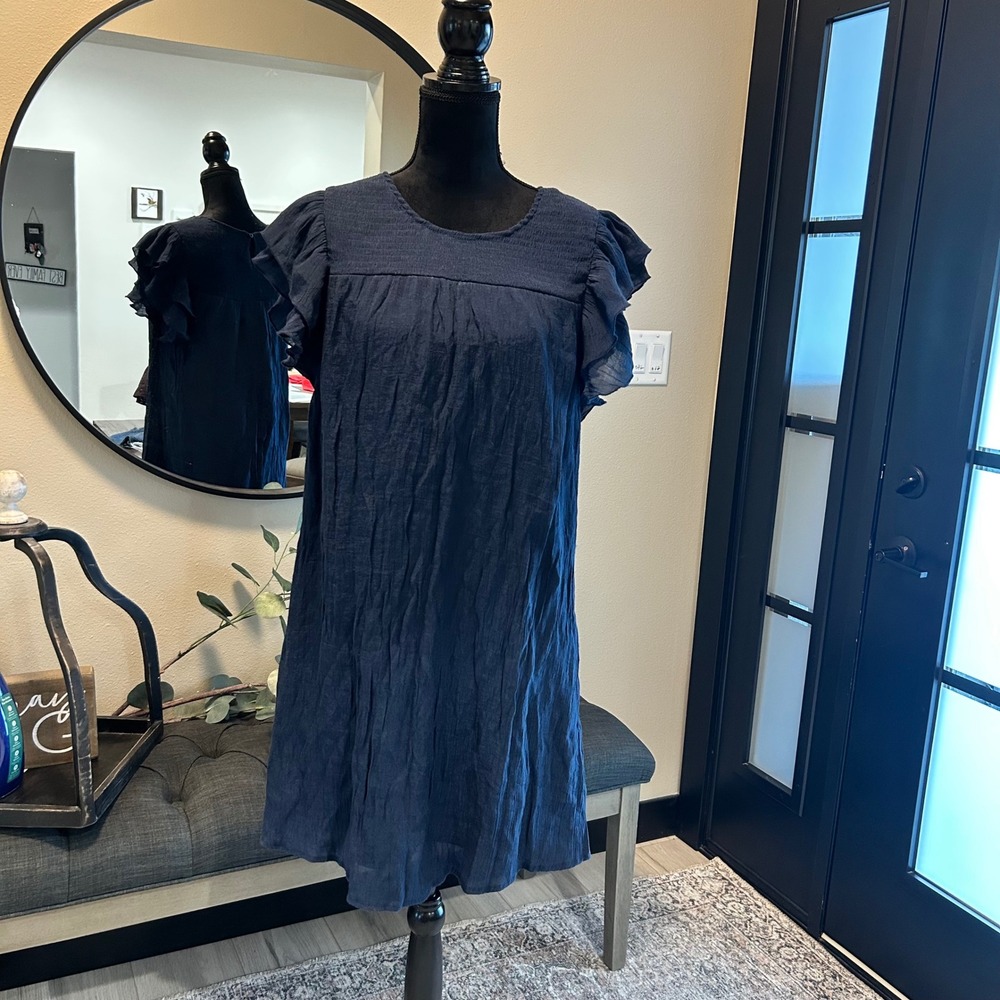 Indigo Rose Navy Blue Ruffle Sleeve Smocked Yoke Shift Dress MDWC9098 Large